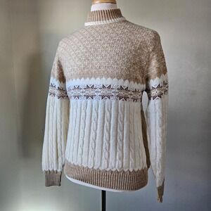 Vtg 70s Jantzen Fair Isle Snowflake Cable Knit Turtleneck Sweater Tan Cream XL